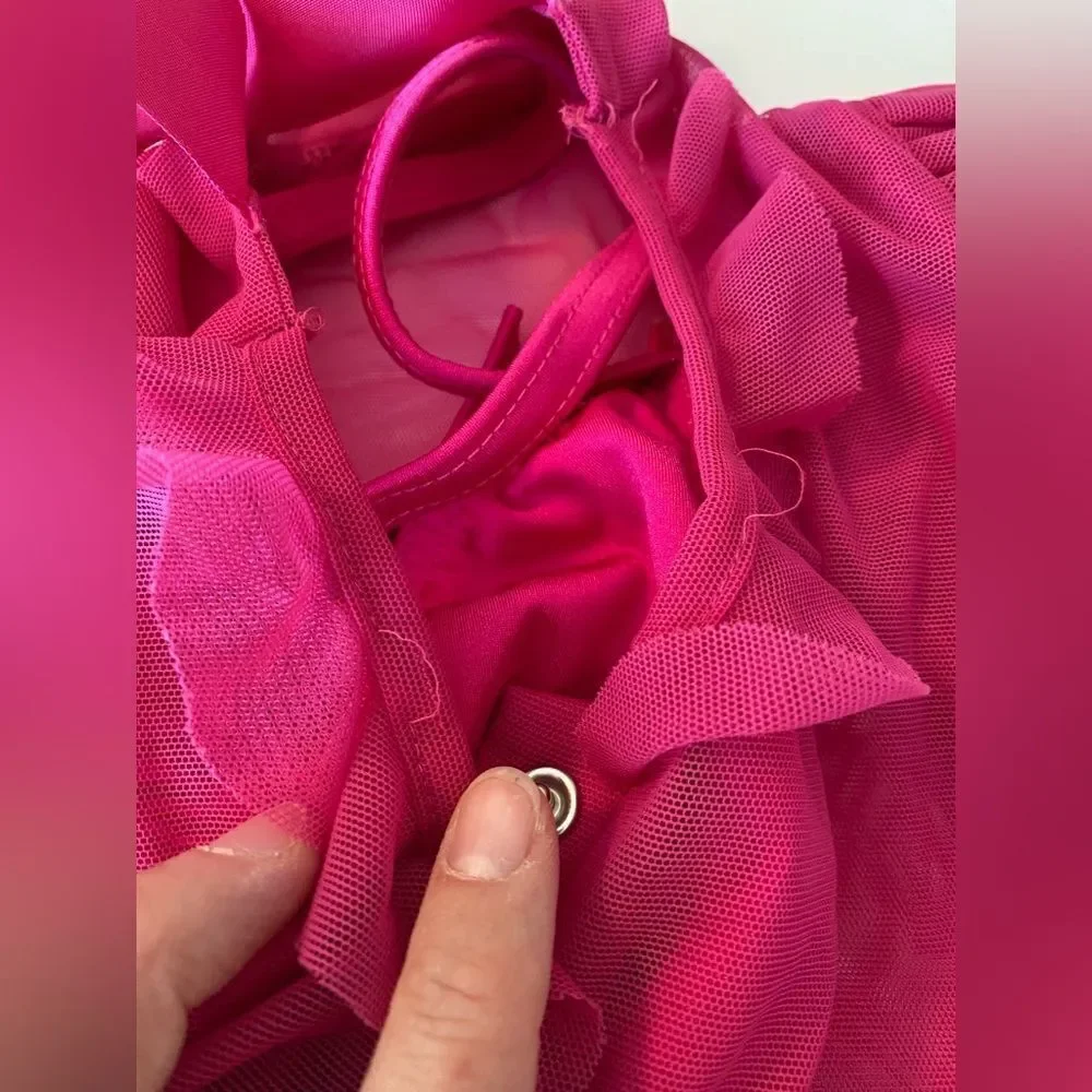 Kelle solo dance costume hot pink 2 piece leotard halter long sleeve mesh MC